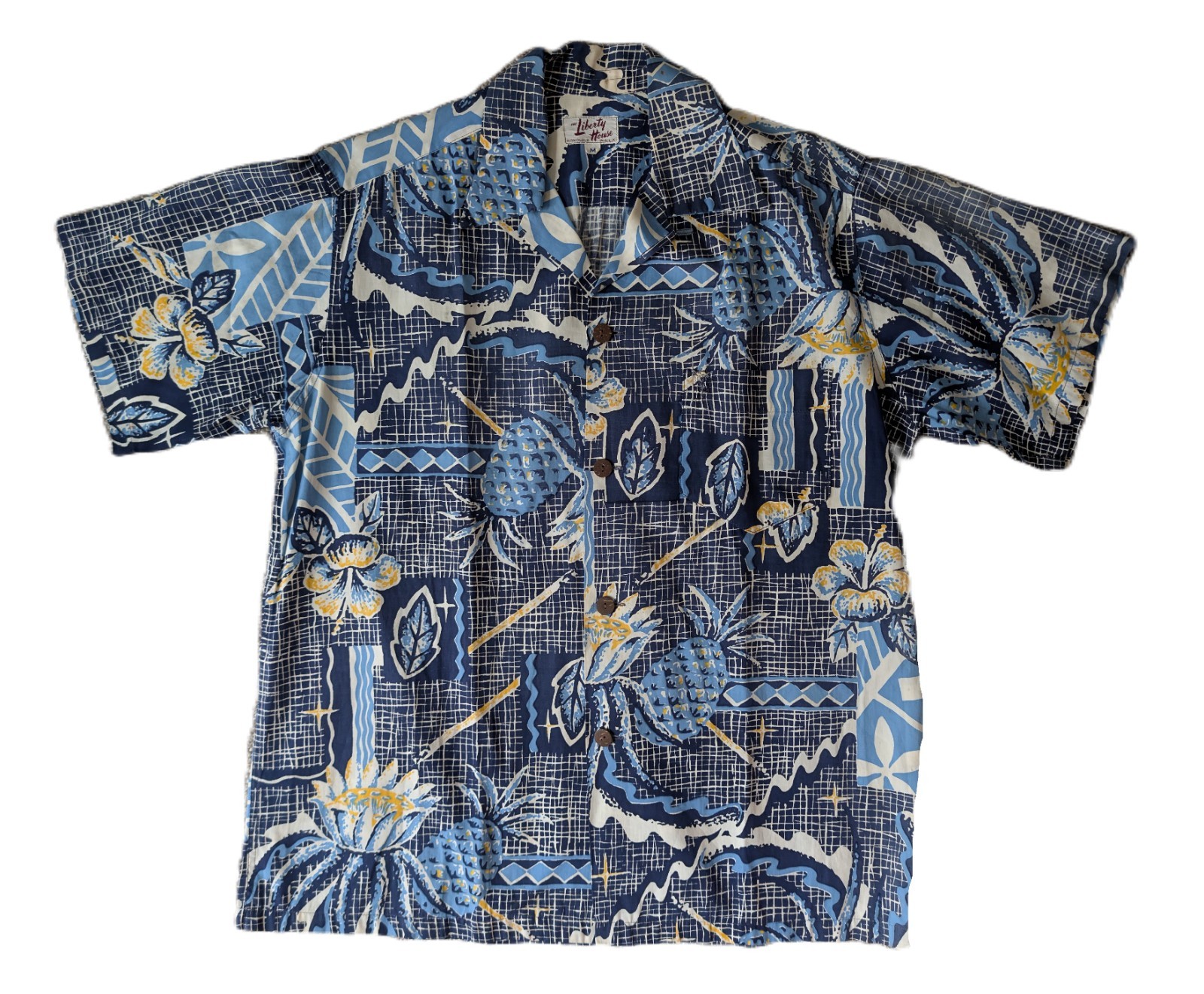 Vintage 1950s The Liberty House Hawaiian Shirt Pineapple Floral Blue sz Medium