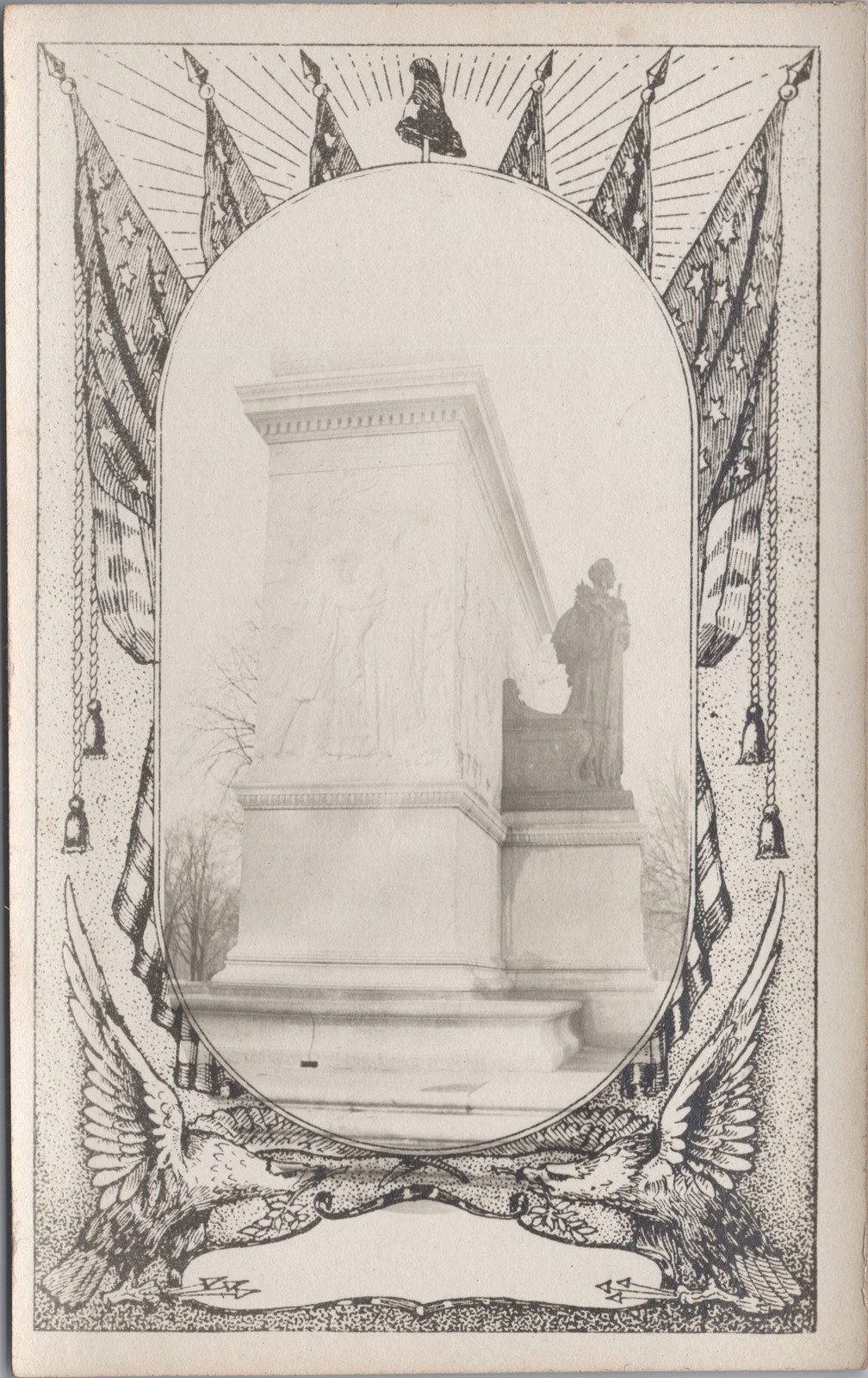 Monument Memorial Statue RPPC Real Photo Postcard Patriotic Flags Eagle Border c