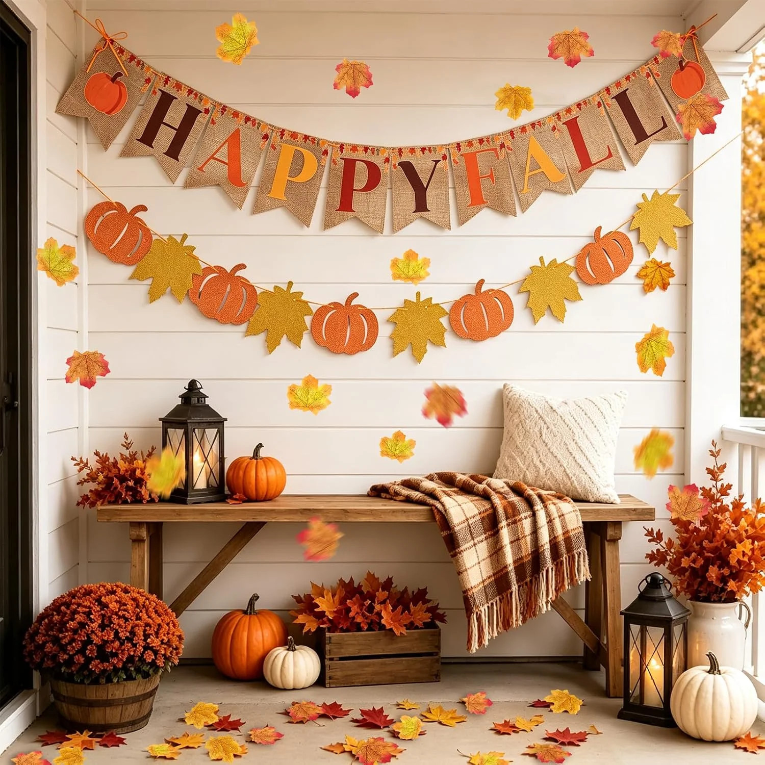 Happy Fall Banner, Pumpkin Garland Hanging Bunting and 100 Pcs Maple Leaf Pre-St