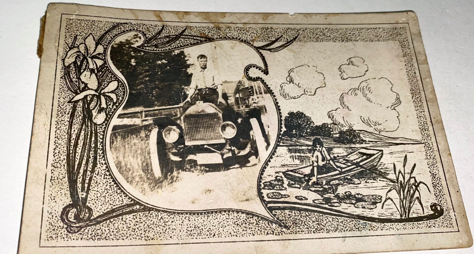 Rare Antique American Man & His Automobile Car Masked Real Photo Postcard RPPC