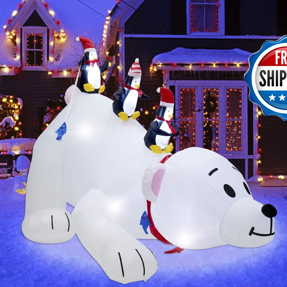 Juegoal Christmas Inflatable Polar Bear with 3 Penguins 7.7' x 6' Lighted