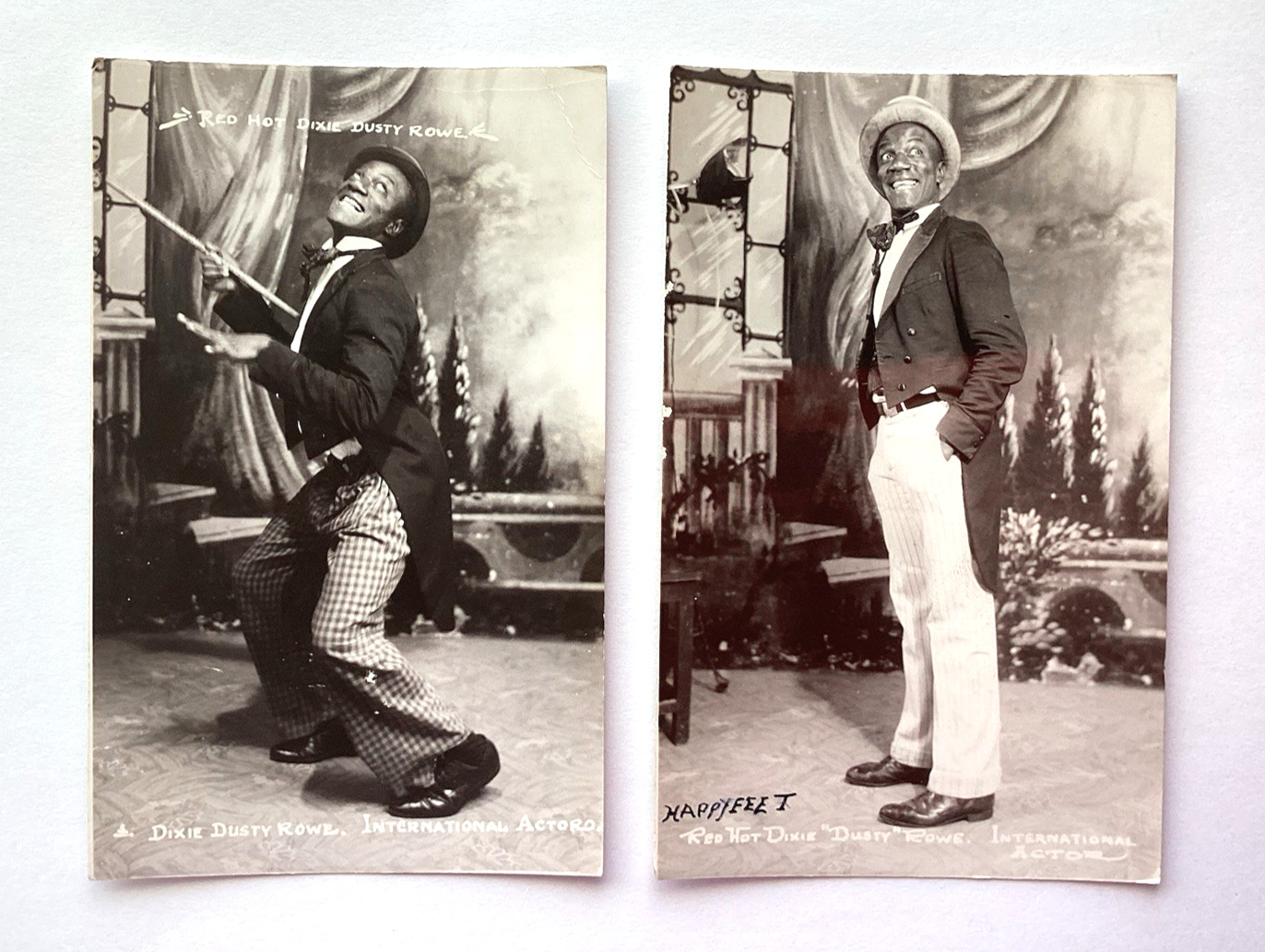 1938 Black Americana RPPC Postcard Pair Handwritten Vaudeville Dancer Dusty Rowe