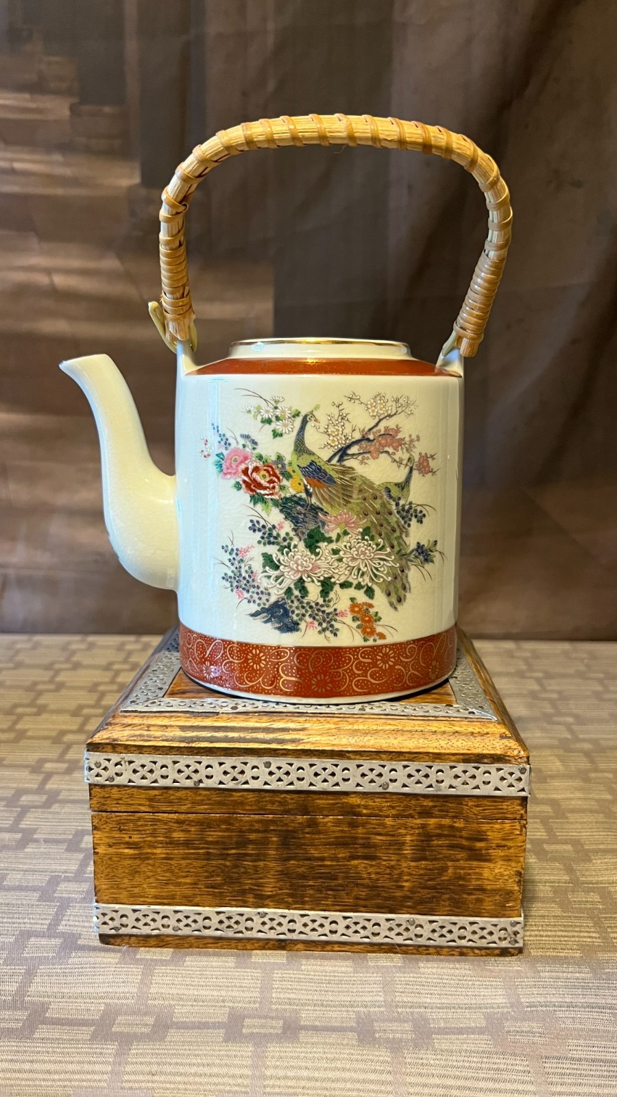 Vintage 1979 Arnart Imports Satsuma Teapot Peacock Floral Rattan Handle