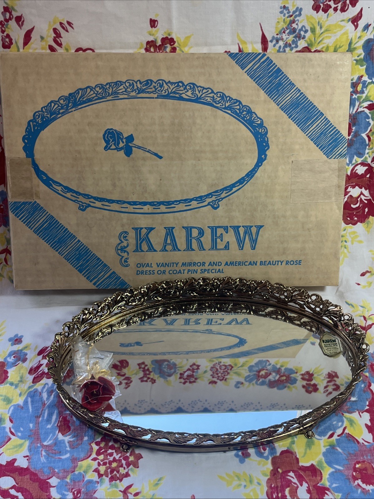 Karew Oval Vanity Mirror And American Beauty Rose Dress Pin In Original Box