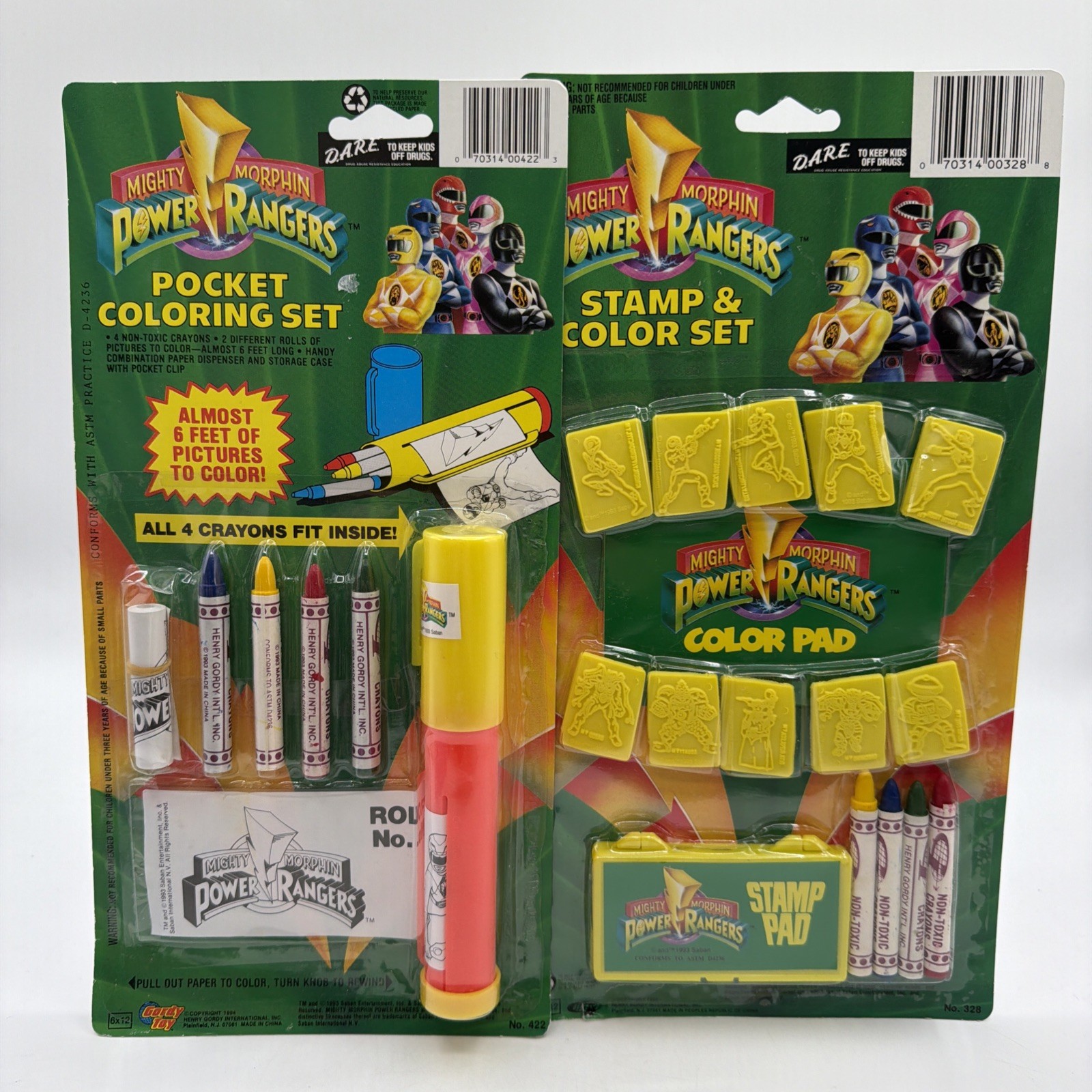 MIGHTY MORPHIN POWER RANGERS STAMP & Pocket COLOR SET CRAYONS GORDY TOY 1993-94