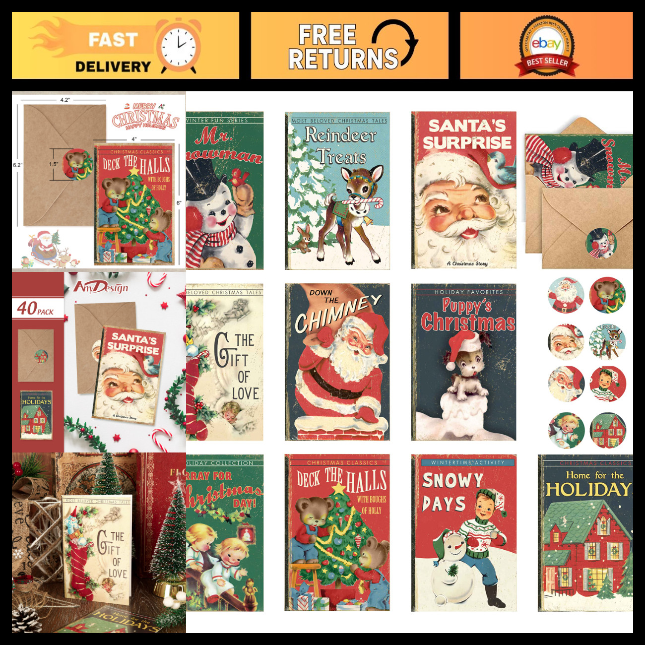 40 Pack Vintage Christmas Greeting Cards with Envelopes & Stickers - 10 Designs,