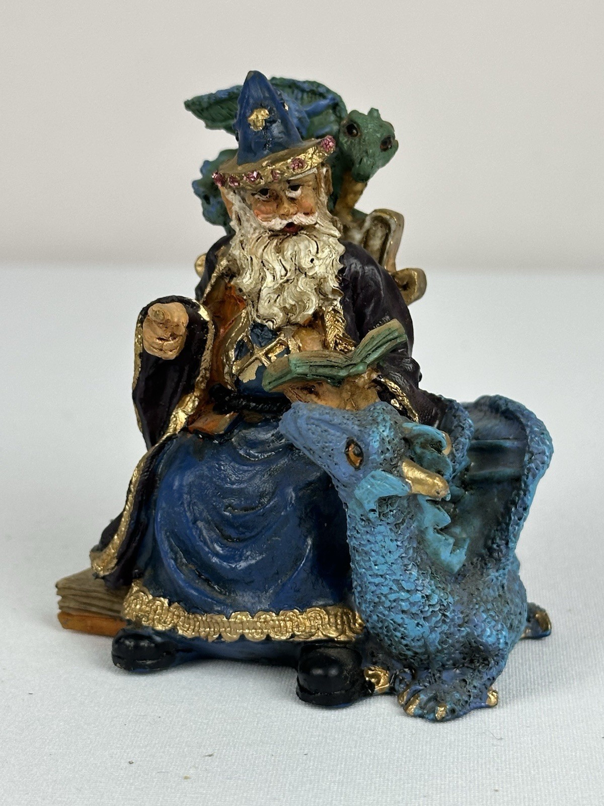 Vintage Wizard Reading Spell Book Blue Dragon Fantasy Resin Figurine