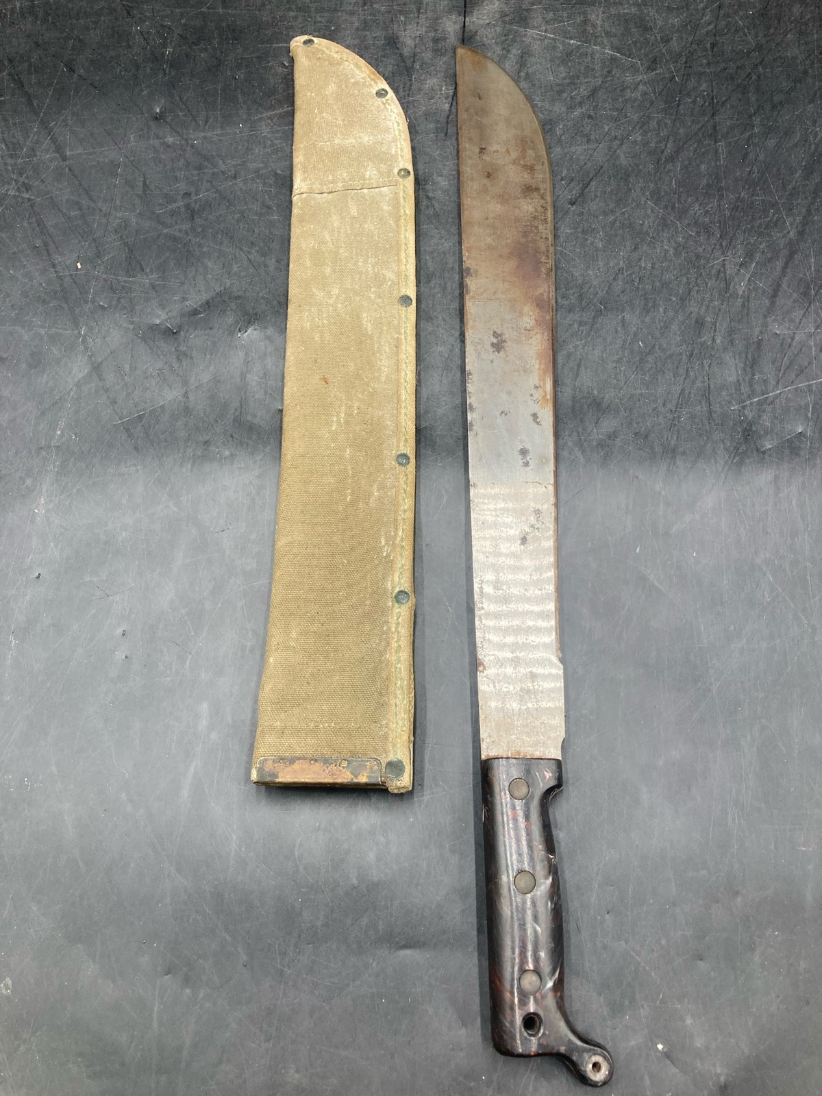 Unmarked 1943 US SWI Machete w/ 1943 Meese Canvas Scabbard