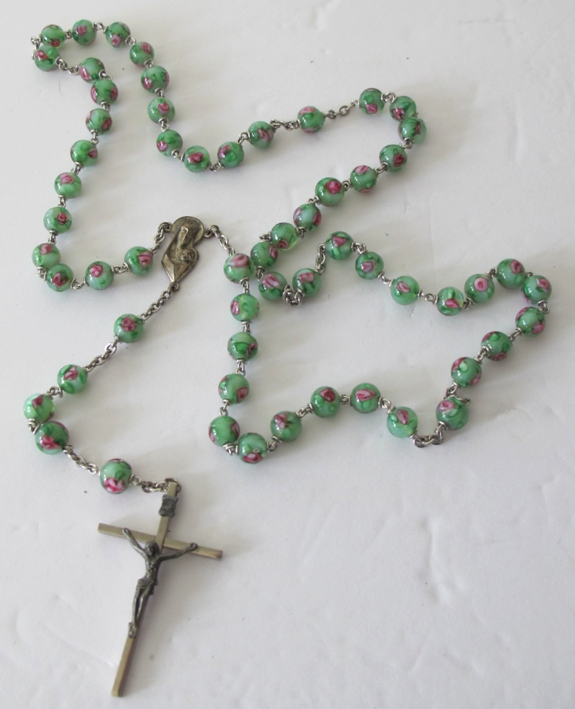 C7 Vintage Catholic Rosary Green & Pink Rose Flower 9mm Glass Beads 30”
