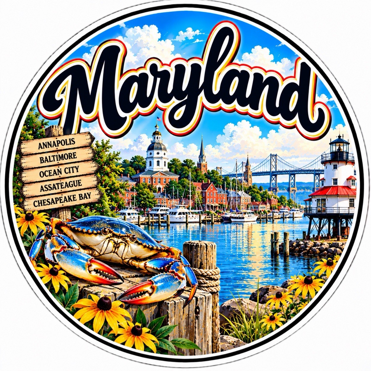 Maryland State Sticker 3” Round Blue Crab Chesapeake Bay Ocean City Souvenir