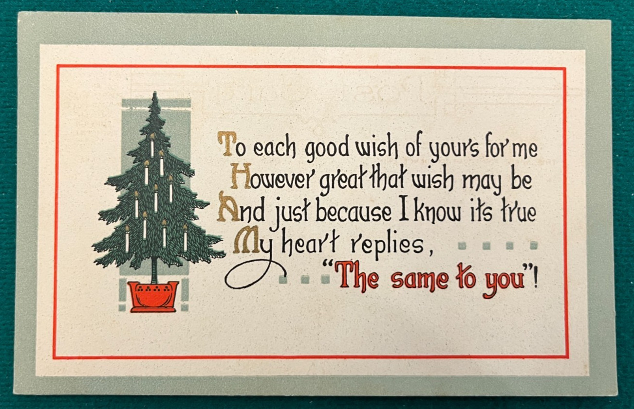 1913 Merry Christmas Tree Poem Greeting Card Vintage Early 1910s Postcard,