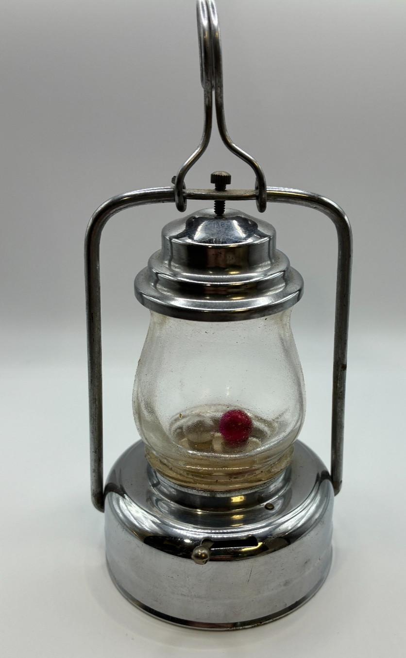 Vintage 1950s Chrome Mini Novelty Lantern Dual Bulb Red Clear Battery Toy Glass