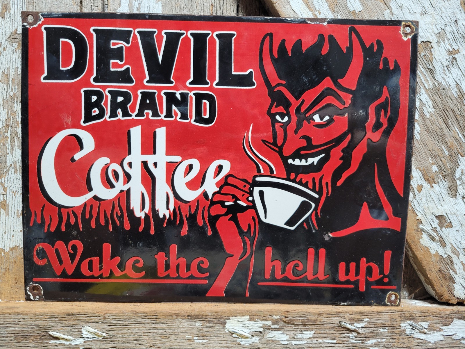 VINTAGE DEVIL BRAND COFFEE PORCELAIN SIGN RARE OLD HOT HELL BEVERAGE CAFE FOOD