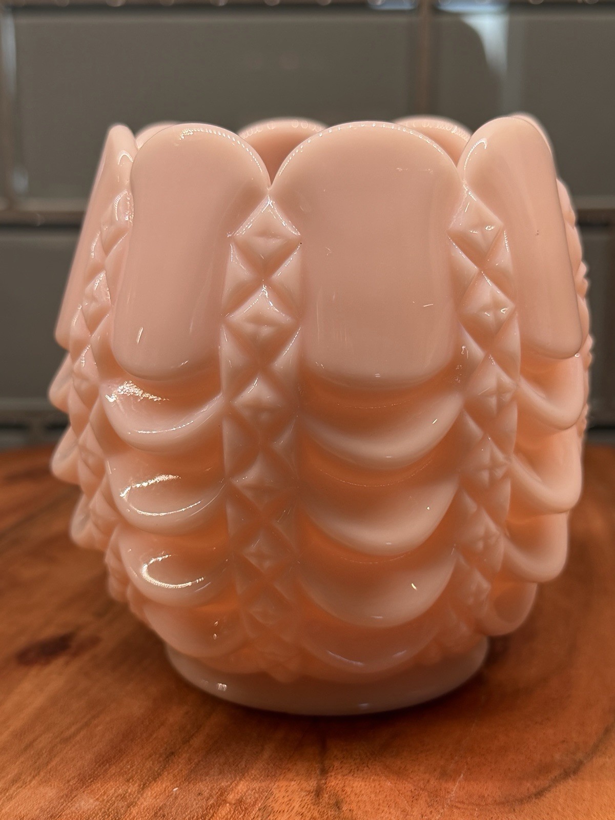 Vintage Pink Milk Glass Diamond Drape Rose Bowl Vase