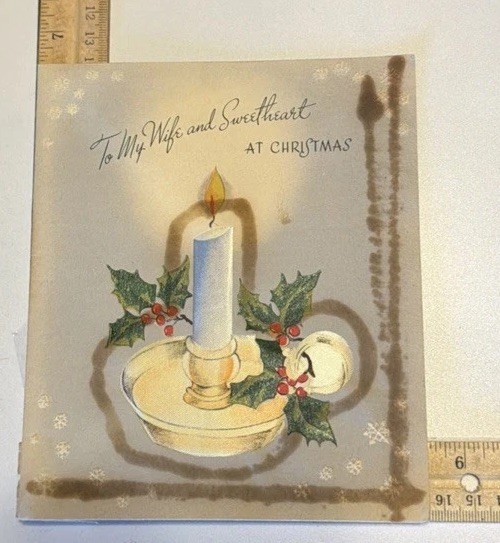 STUNNING 1947 Vintage Christmas Card To My Wife 3D Satin Candle Holly Used