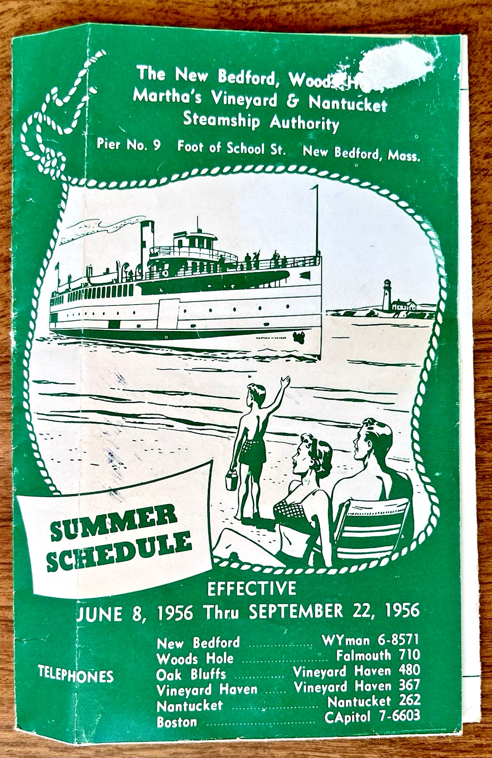 1956 NEW BEDFORD, WOODS HOLE, MARTHA'S VINEYARD & NANTUCKET FERRY SCHEDULE