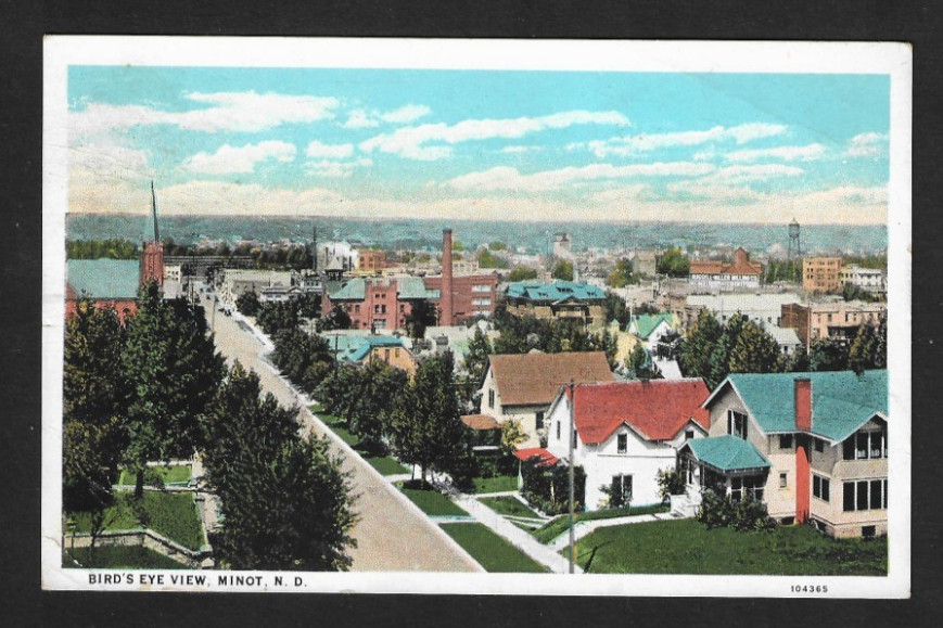 Minot ND-North Dakota, Bird's Eye View White Border Postcard 1934 Sycamore IL