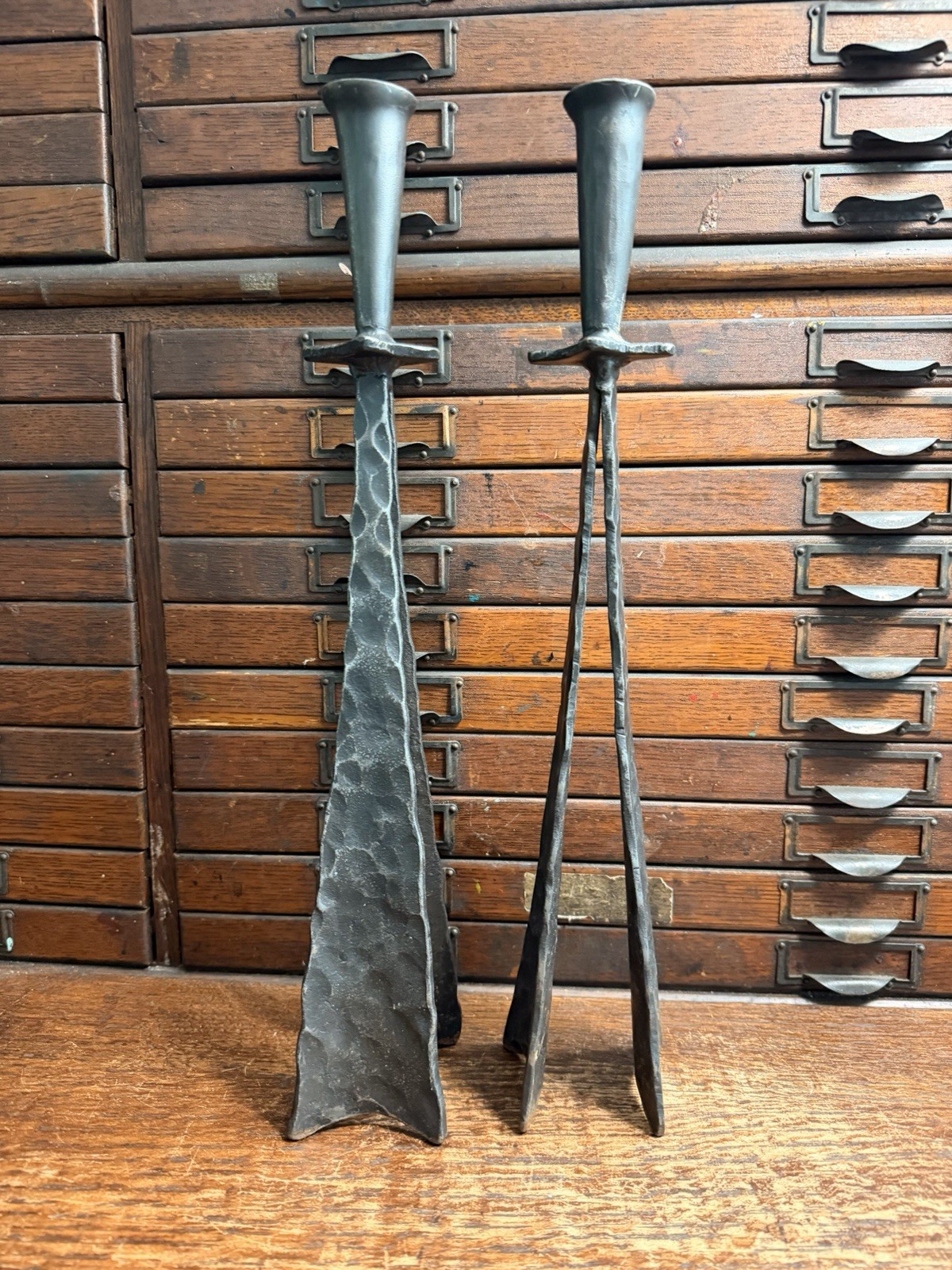 Lot 2: Hand Forged Metal BRUTALIST CANDLE HOLDERS Sticks 16” Tall MCM Vintage