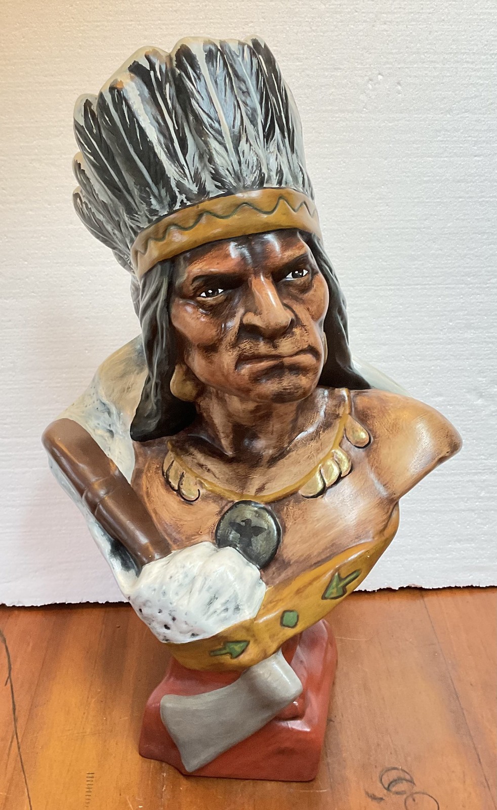Antique Native American Chief Chalkware Bust Hand Painted Sculpture 18.5