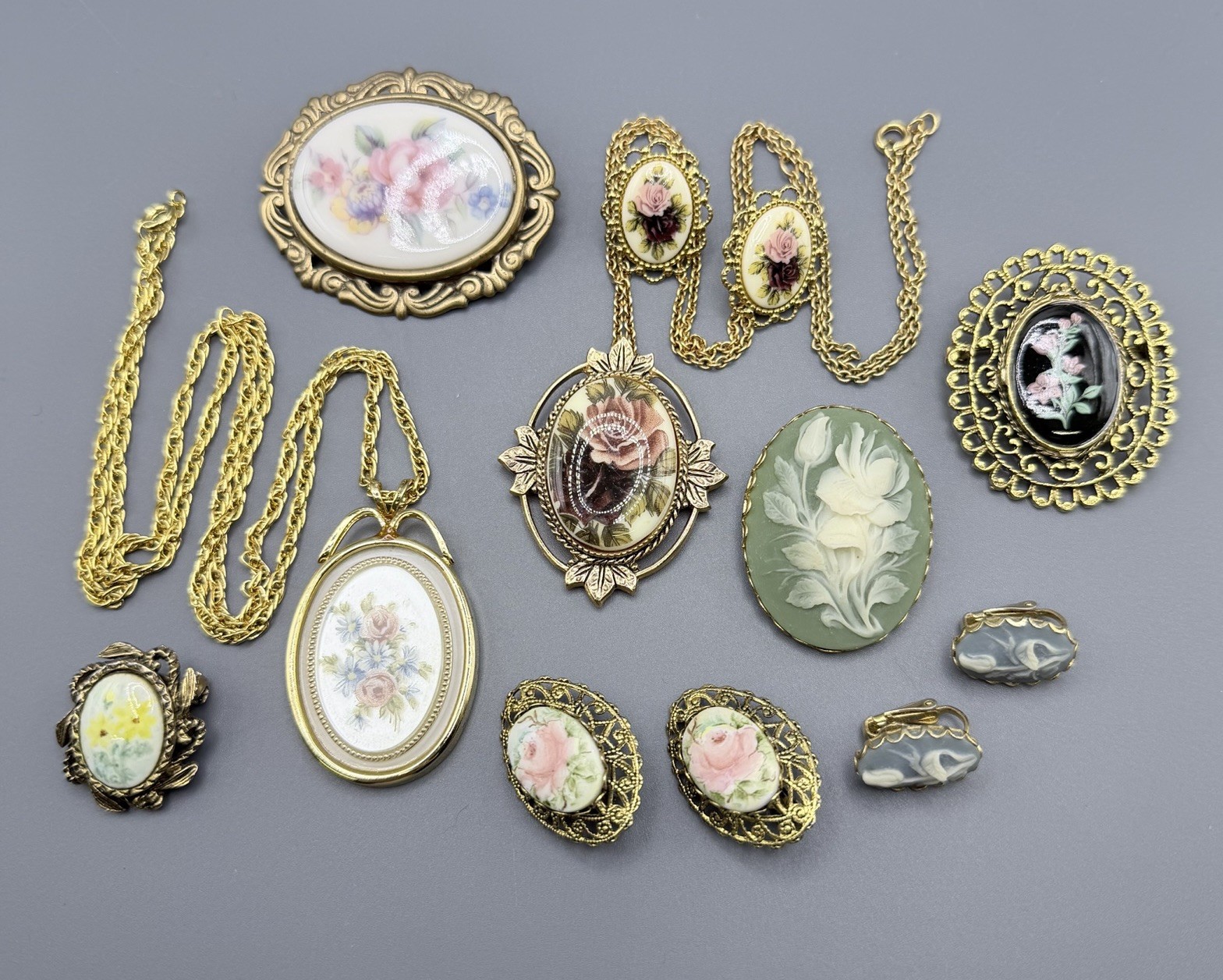 Vintage Faux Flower Cameo Jewelry Lot Necklaces Earrings Brooches Multi Color