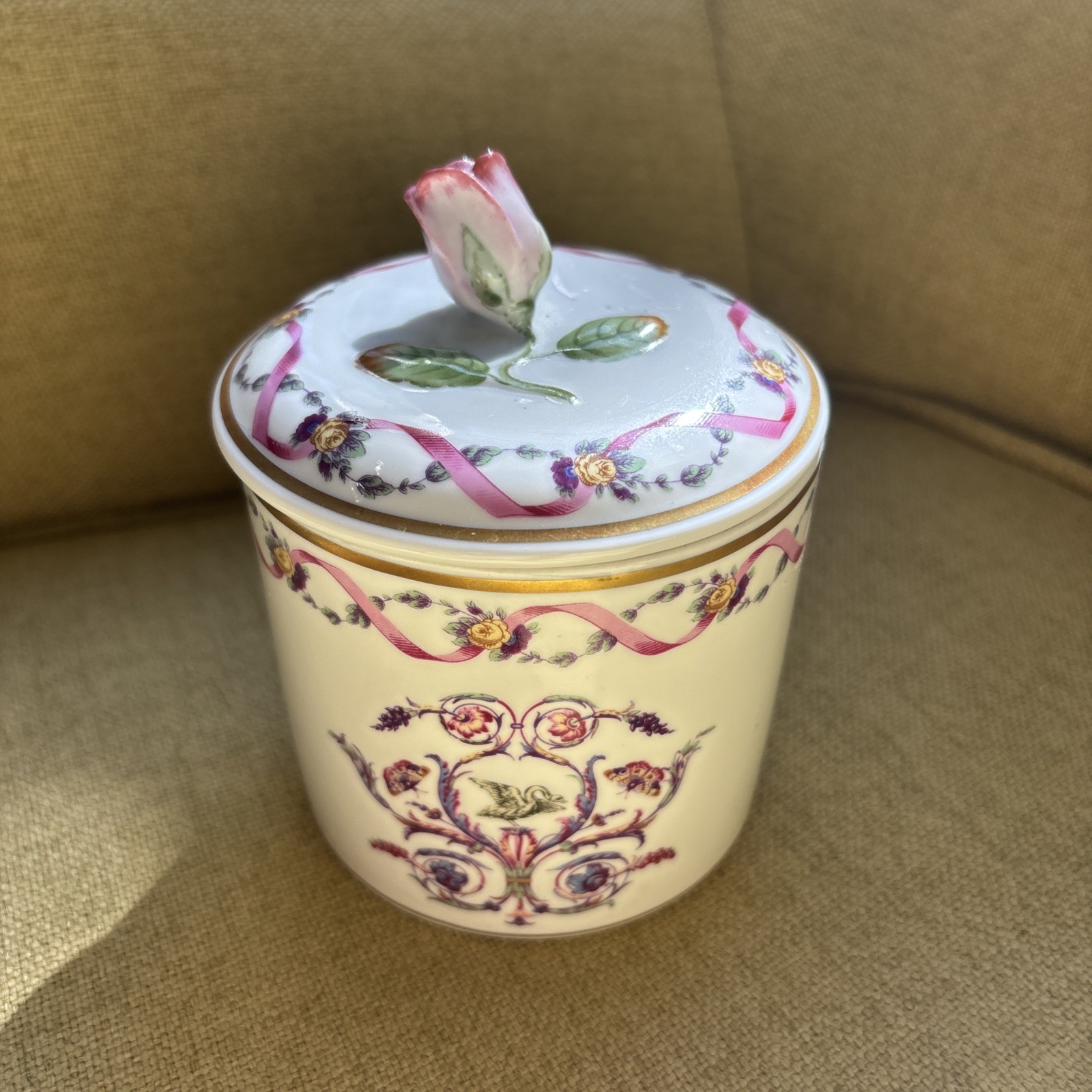 RARE VTG Richard Ginori Rapallo Round ITALY Ribbon Motif Jar Rose Lid~Gold Trim