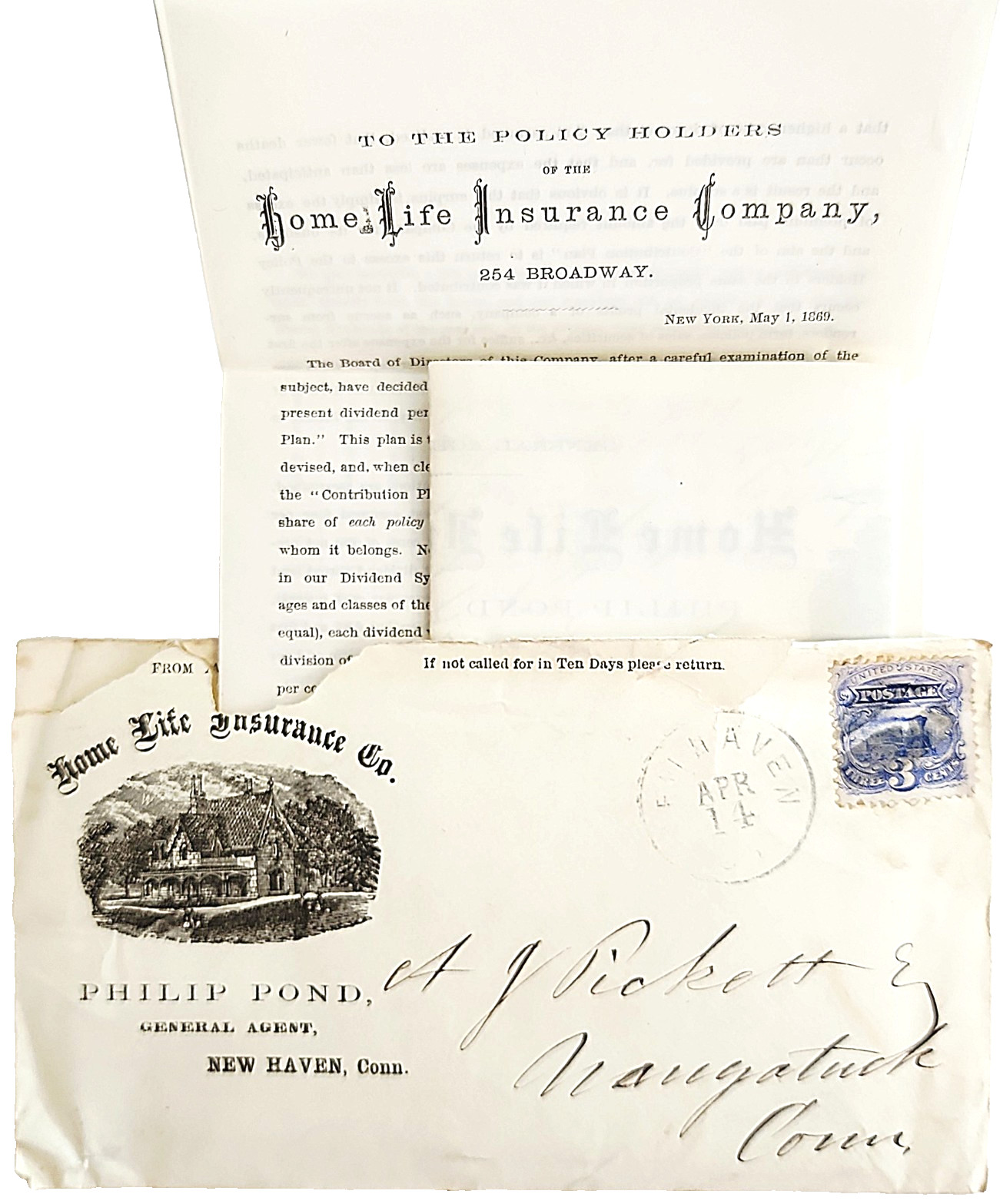 1869 Home Life Insurance Co Letter Victorian New Haven Connecticut Philip Pond