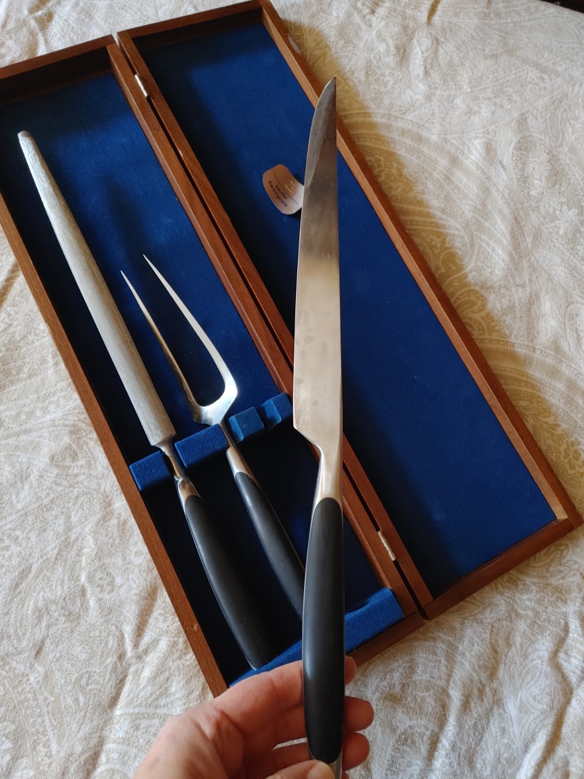 Vintage MCM Lauffer Onyx Stainless Germany carvingware SET wood case blue lining