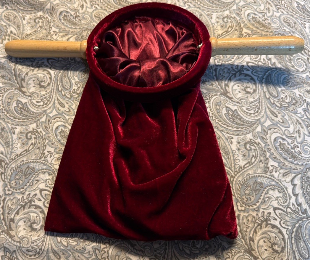 Velvet Church Tithe Offering Bag with Wooden Handles, Maroon, 11 1/4 Inch