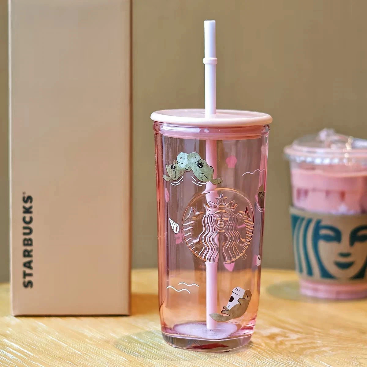 Starbucks 2025 China Valentine's Day Pink Otter Glass Straw Cup 16oz/473ml Gifts