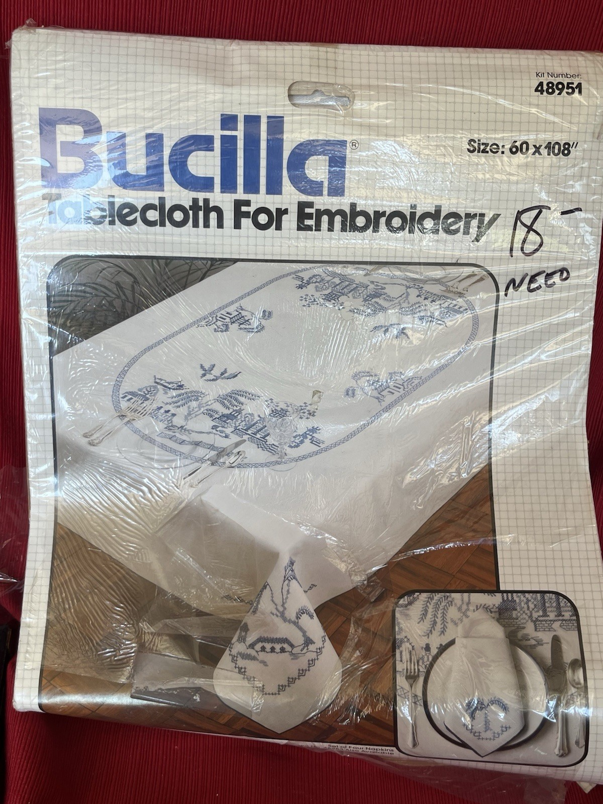 Bucilla Blue Willow Vintage Large Tablecloth W Linen Napkins New Old Stock