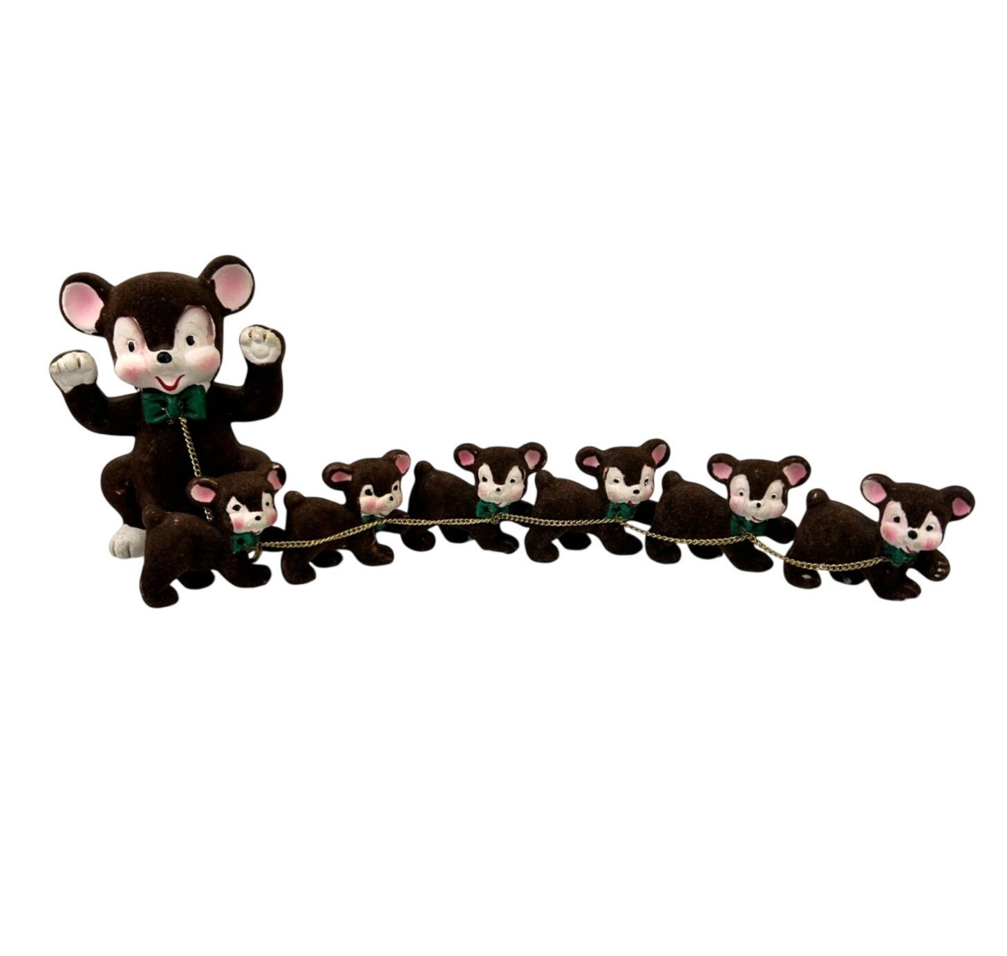 Rare Vintage 1950s Kitsch Flocked Bear Family Brown 6 Cubs on Chain Bow Tie