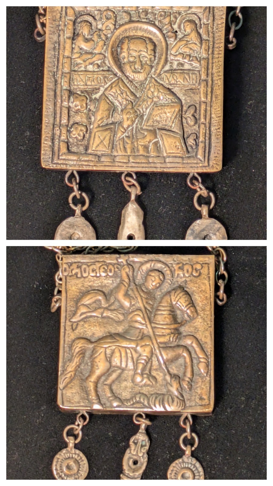 Vtg Eastern Orthodox 2-Sided St George, St Nikolas Box Relique Amulet Necklace