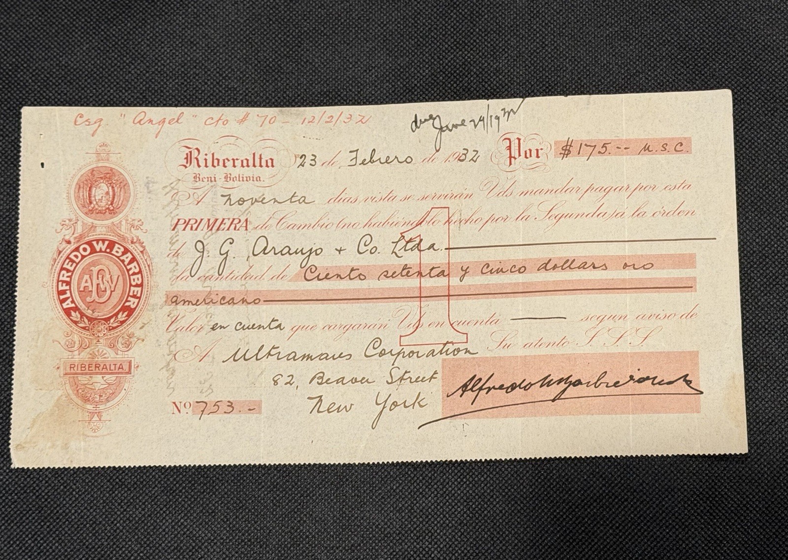1937 Bolivia Bill of Exchange Riberalta Alfred W Barber NY Banking Document