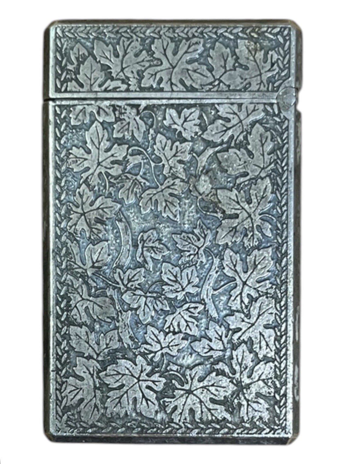 Vintage Zaima C-10 Electronic Pocket Silver Gas Lighter w Raised Leaf Decoration