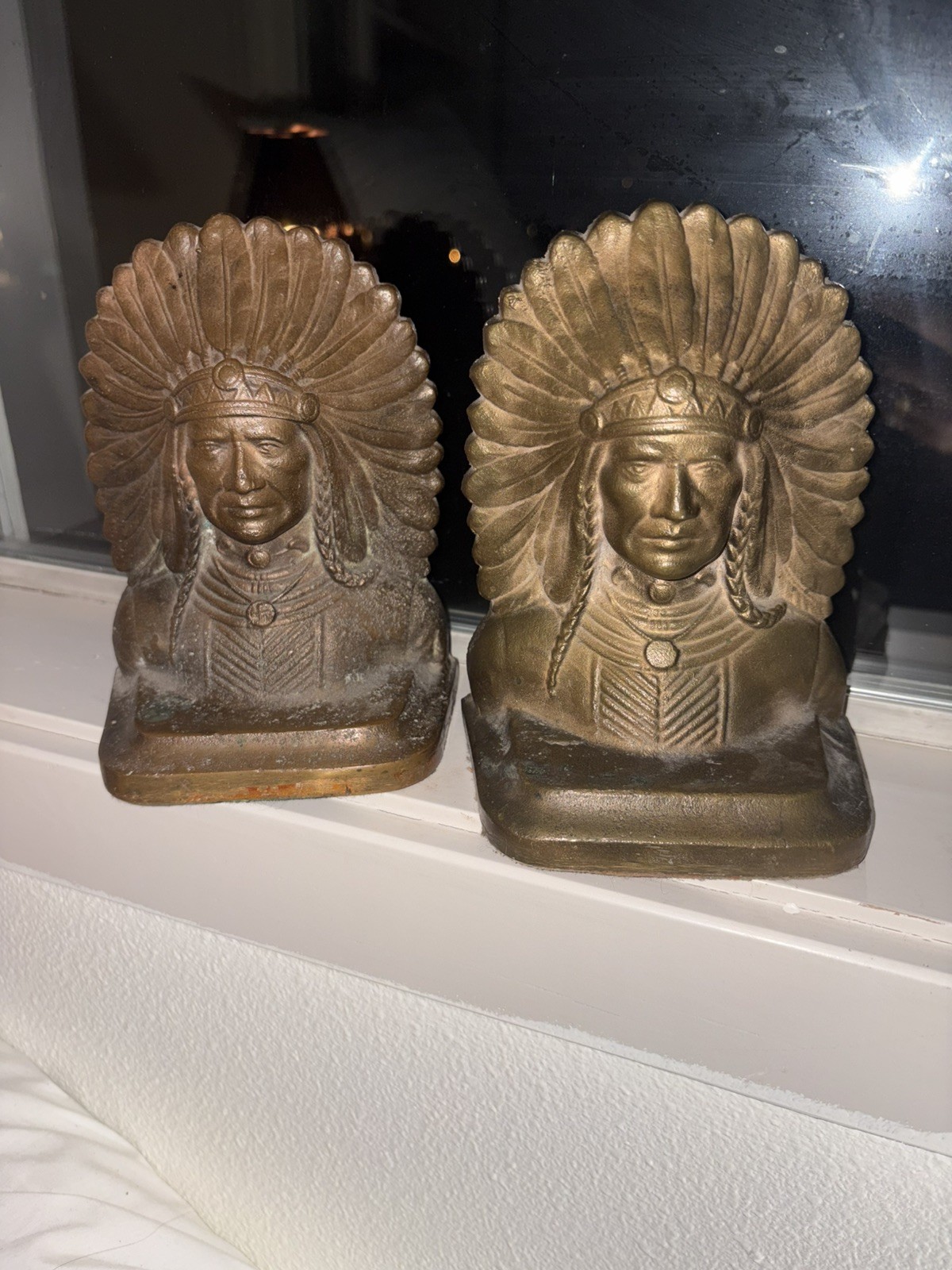 Antique Indian Chief Headdress Cast Iron Bookends by Iron Will Bronze