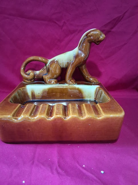 Vintage 1950\'s ceramic Panther Ashtray Brown and Yellow glaze
