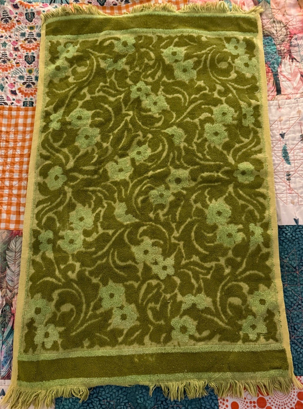 Vintage Fieldcrest Green Floral Hand Towel