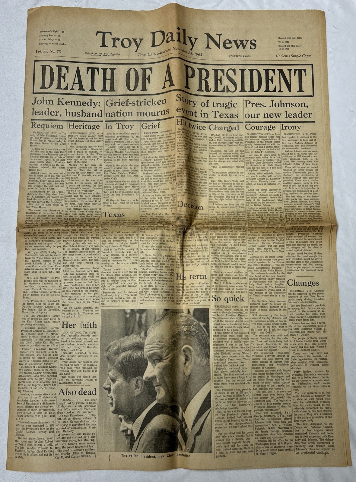 1963 Kennedy Killed Death Of A President Headline Johnson Newspaper Troy Ohio