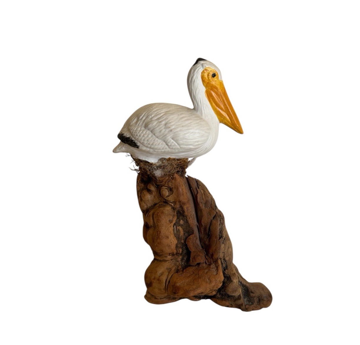 Vtg Handcrafted Painted Pelican Sculpture Bird Figurine on Driftwood Base
