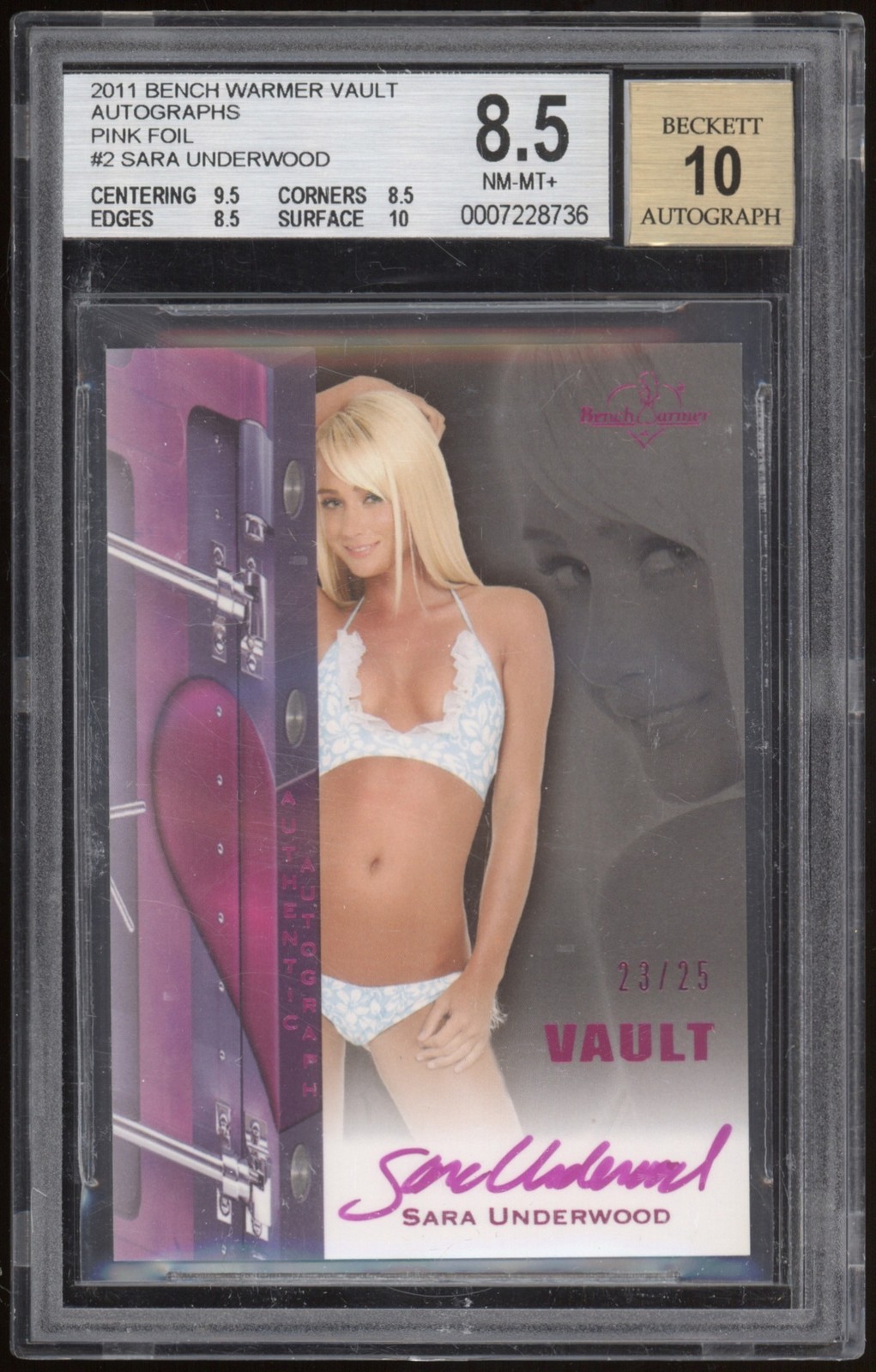 2011 Benchwarmer Vault Sara Underwood #23/25 Beckett 10 AUTO Signed