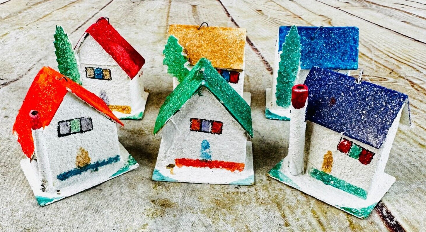 6 vtg Christmas House Ornaments Cardboard white glitter feather tree Japan putz