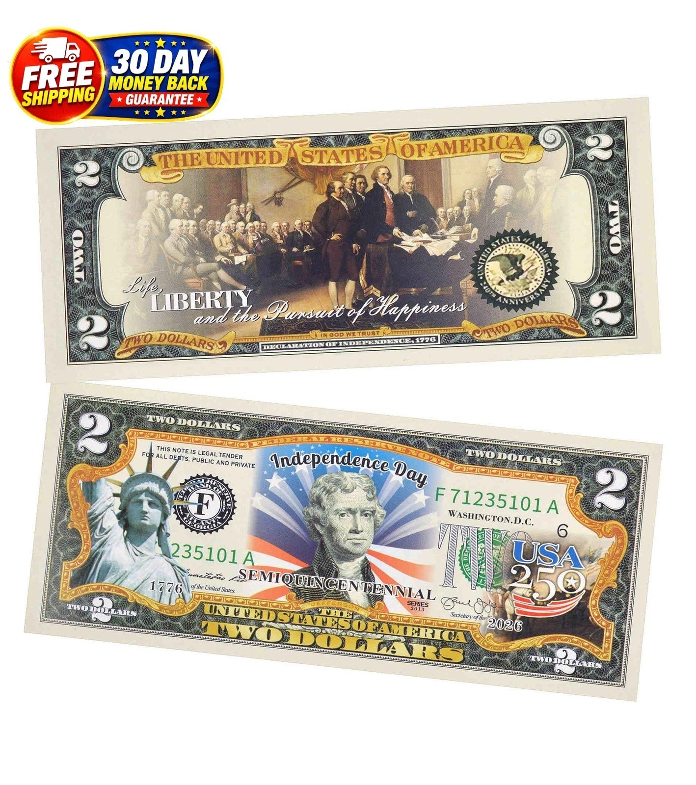 250th Anniversary Collectible $2 Bill | Independence Day 2 Dollar Bill 250 Anniv