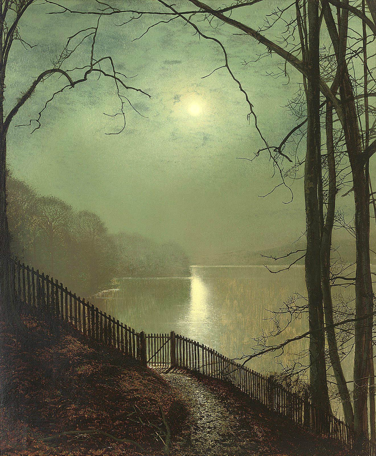oil painting John Atkinson-Nice moon night landscape by the river canvas
