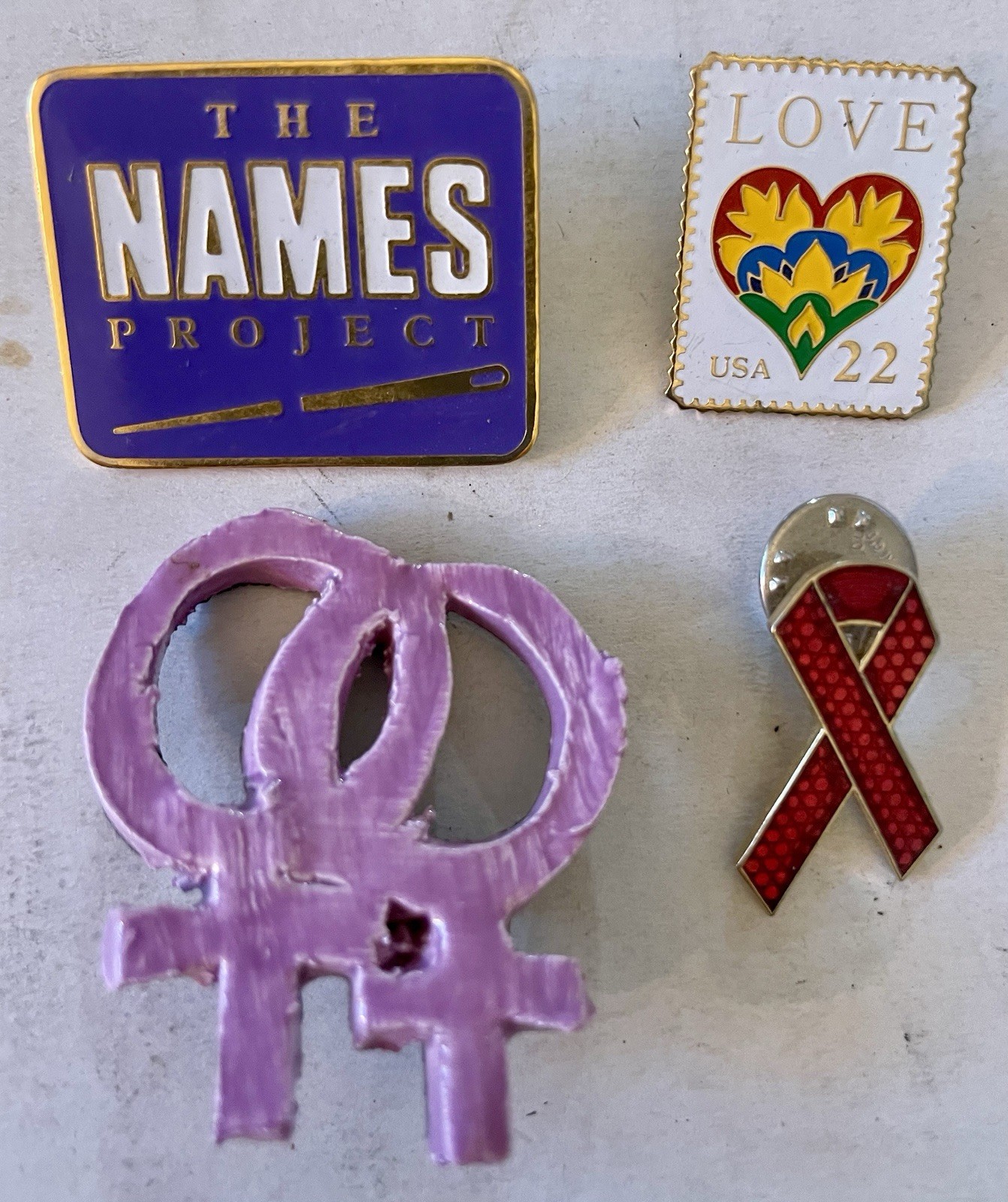 Vintage AIDS Gay Friendly Love Enamel & Ceramic Pins (lot of 4)  LOVE is LOVE