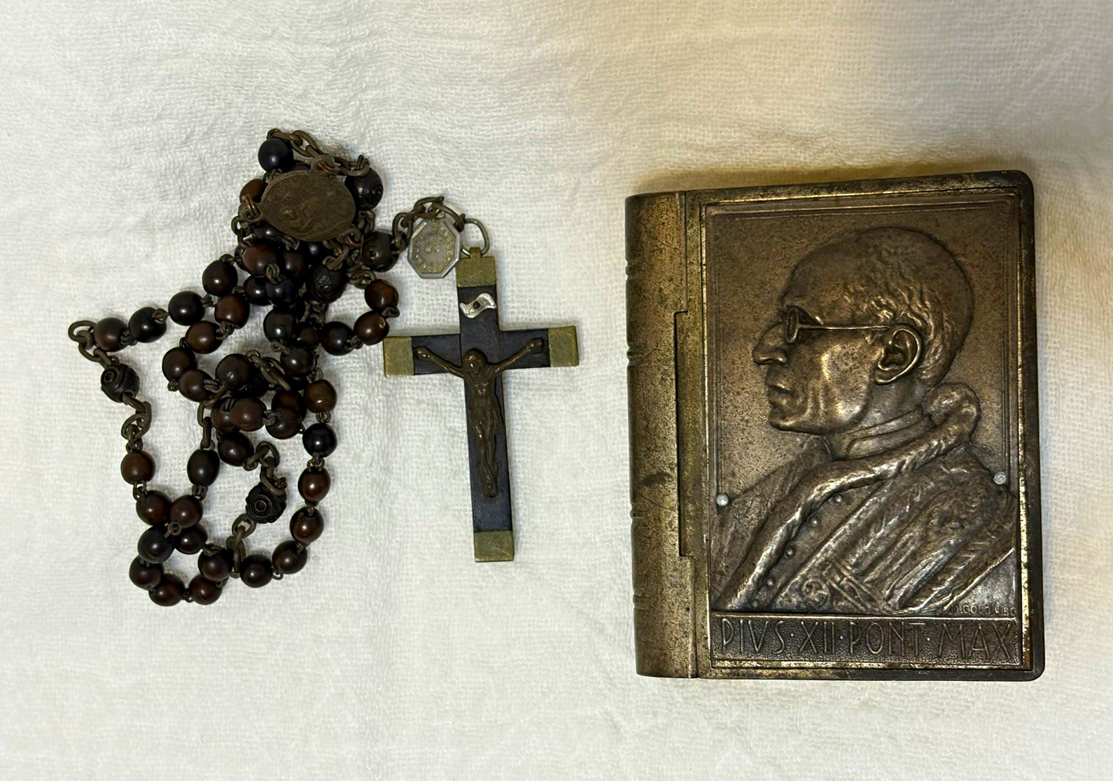 Vintage France Catholic Mission Rosary Ebony Wood Brass Cross Pope Pius XII Case
