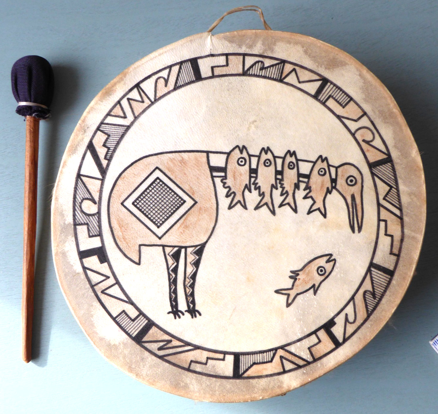 VTG 9” Native American Rawhide Double Sided Hoop Drum W/ 1 Mallet Hand Painted