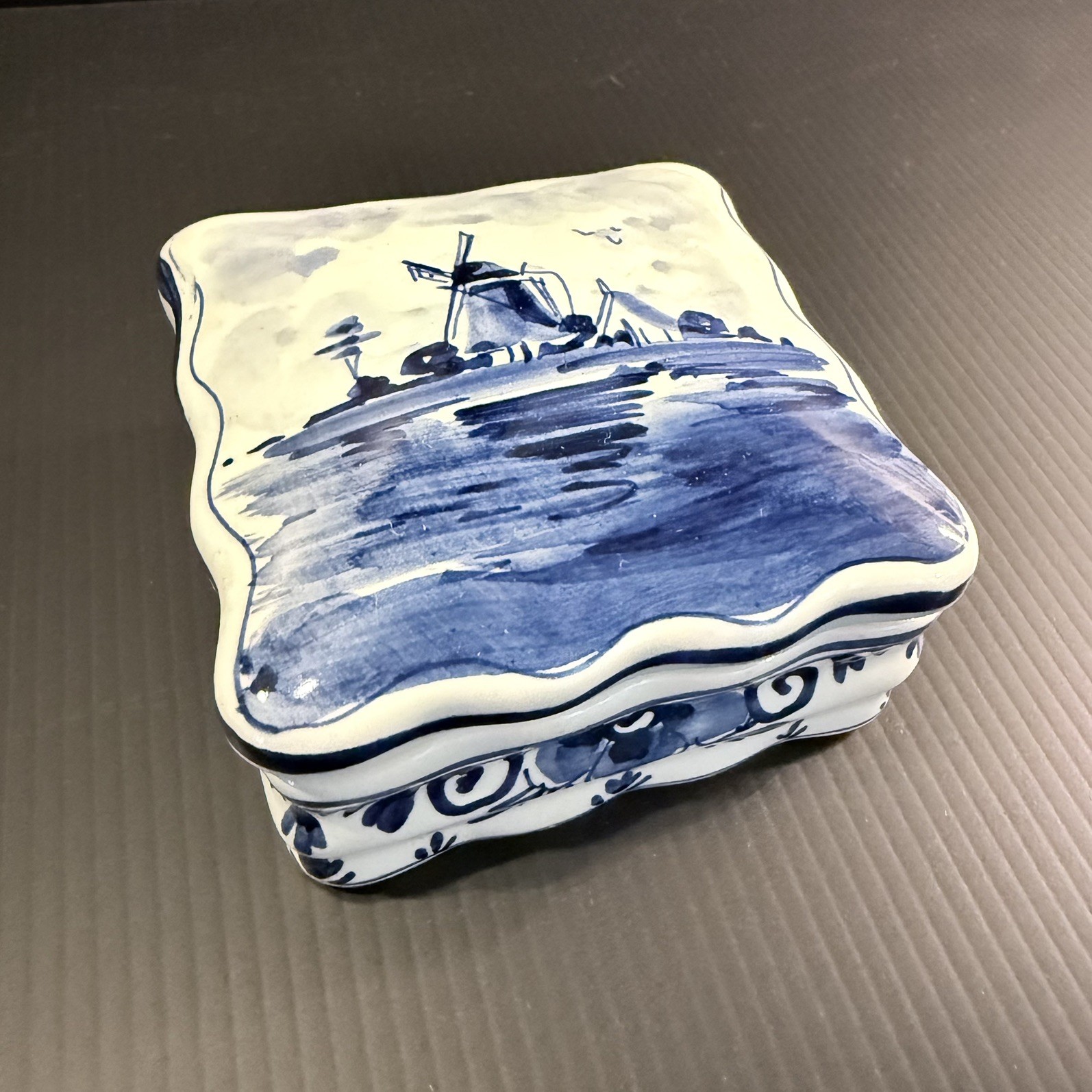 Vintage Delft Blue White Lidded China Trinket Box Handpainted Windmill Design