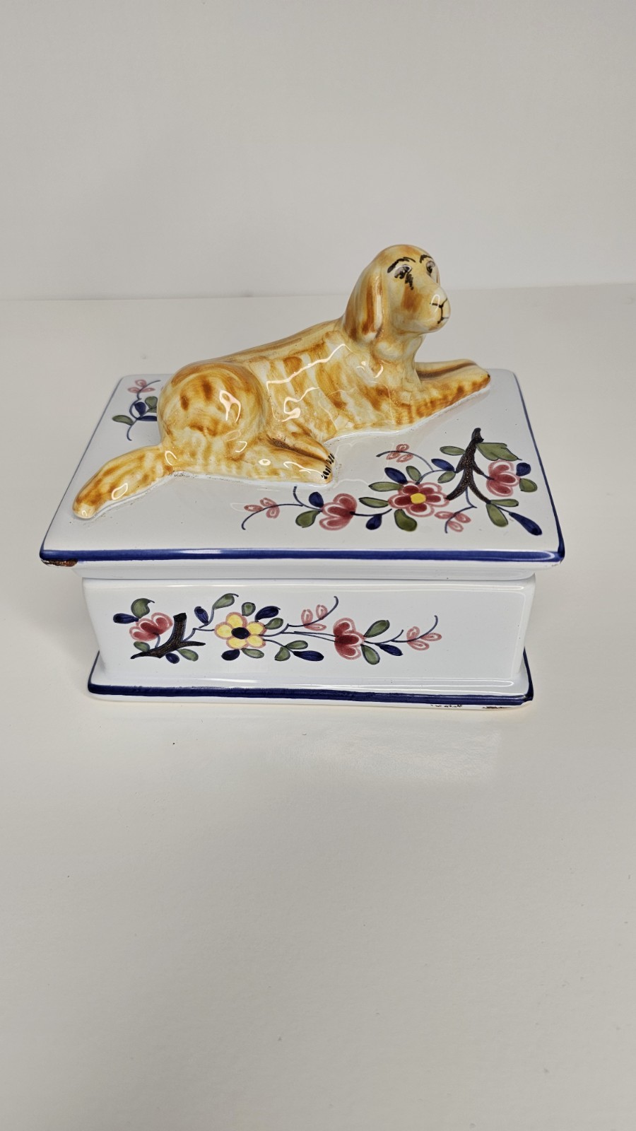 Vintage Tiffany & Co Geo Martel Hand Painted Porcelain Dog Trinket Box France 5”