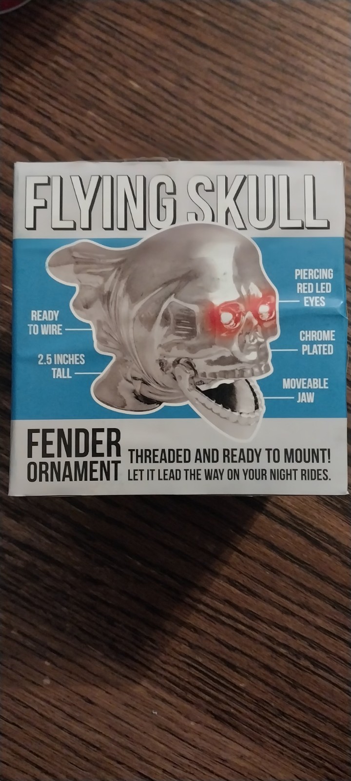 NEW NOS Vtg Flying Skull Chrome Motorcycle Bike Fender Ornament  w/ Red LED Eyes