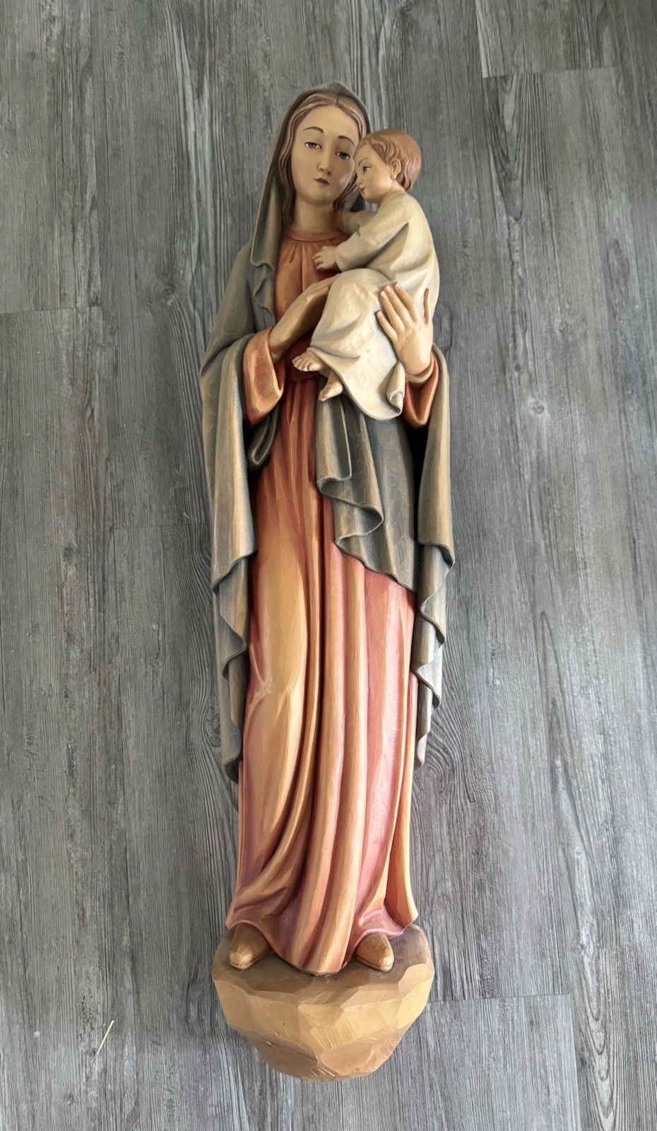 Vintage Hand Carved Wood Wall Mounted Statue of Mary Madonna with Child 36” Tall